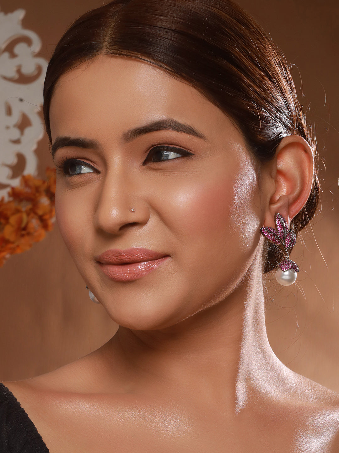 Silver Plated Red AD & Pearl Studded Luxe Designer Floral Designer  Earrings